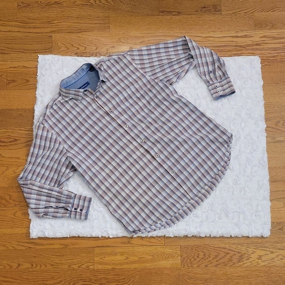 Tommy Bahama Gray & Blue Plaid Shirt, Men's Size Large, Excellent Condition!